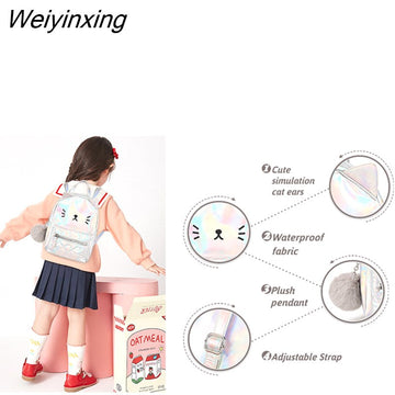 Weiyinxing FASHION Kids Cute Mini Cat Backpack for Girls Kindergarten Bookbag Laser Multi Color Cartoon Pack Travel Bag with Fur Ball